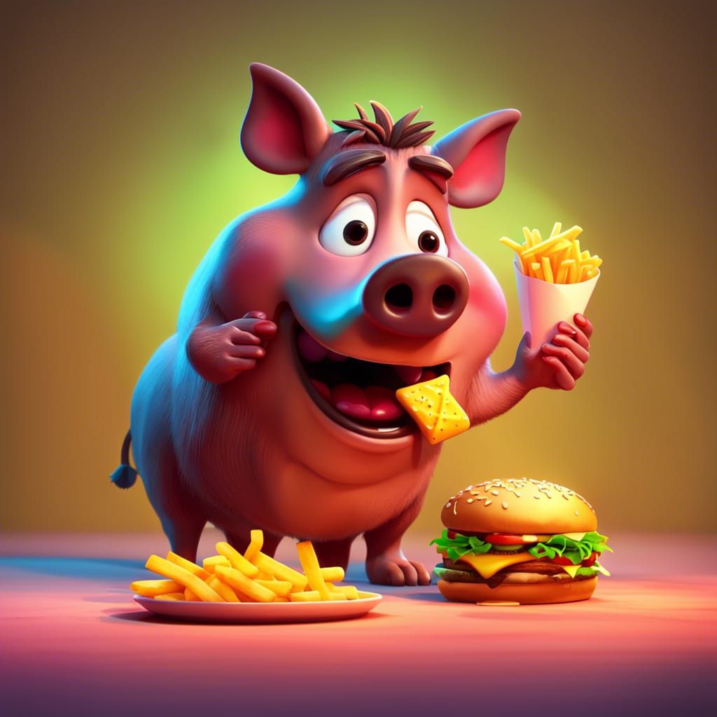 Cute Boar Eating Cheeseburger: Pixar-Style 3D Art