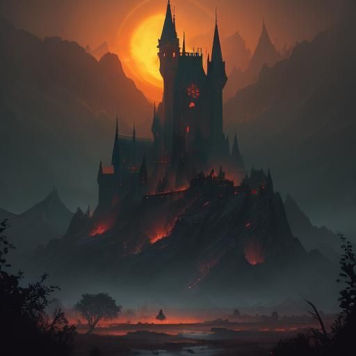Fox Kit in Shadow of Twisted Castle: Dark Fantasy Art