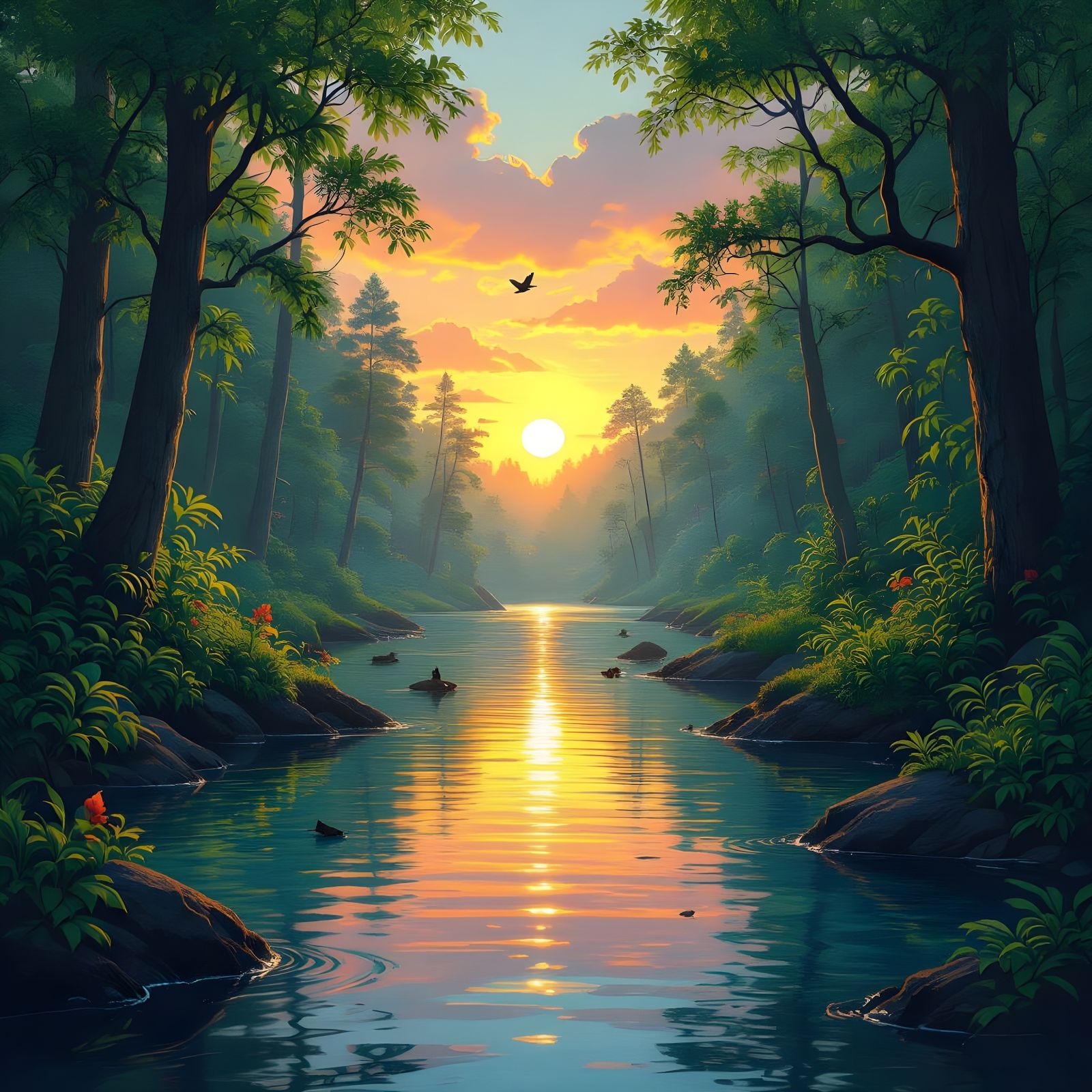 Vivid Sunrise Reflecting in Crystal Clear Water