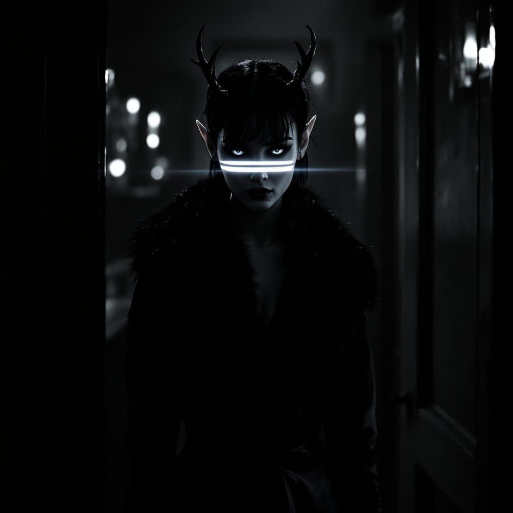 Mysterious Elf in Shadows, High-Contrast Black and White Por...