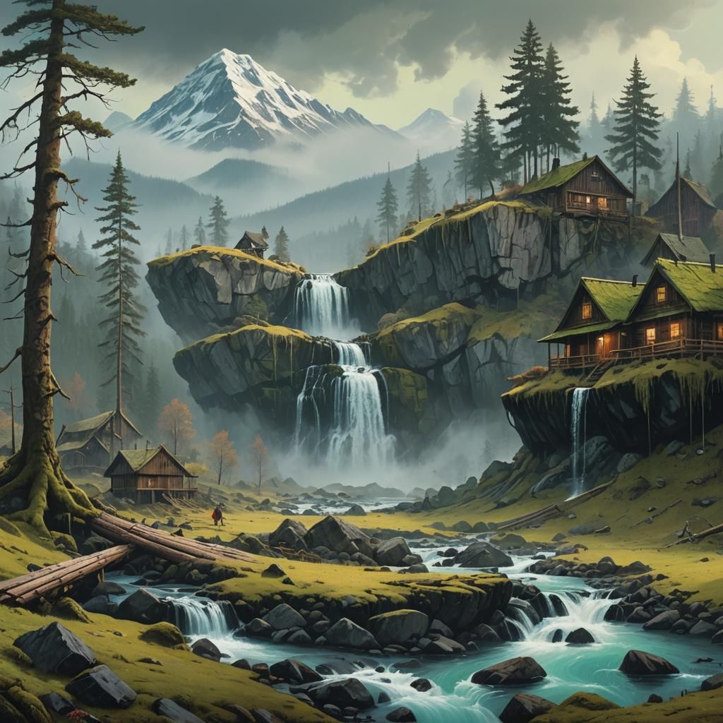 Fantastical Mountain Landscape with Waterfall, Concept Art