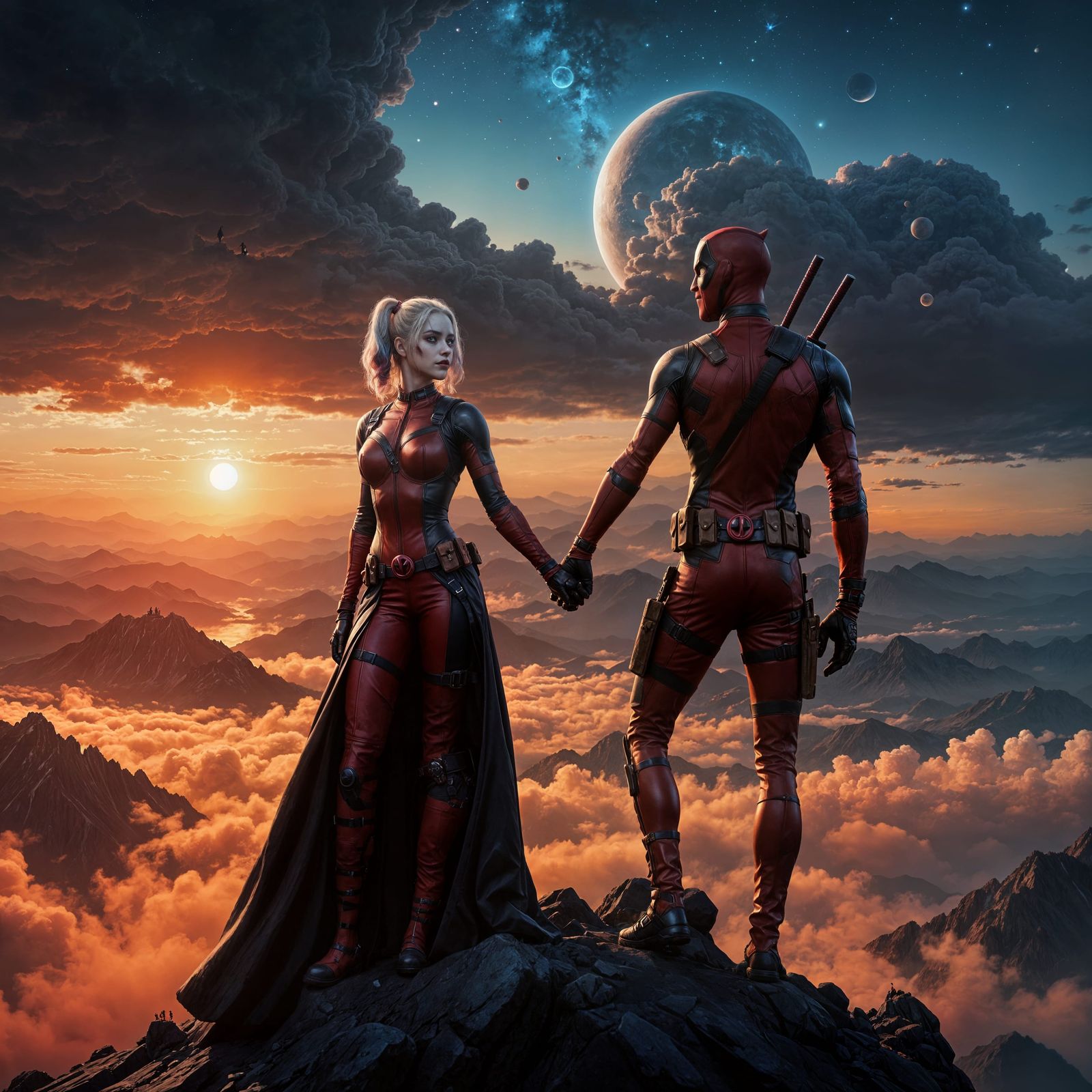 Cosmic Duo on a Dark Mountain Peak