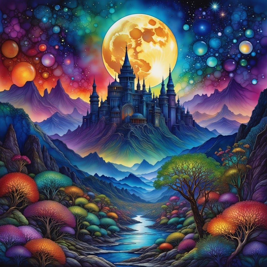 Mystical Moonlit Landscape in Digital Matte Painting Style