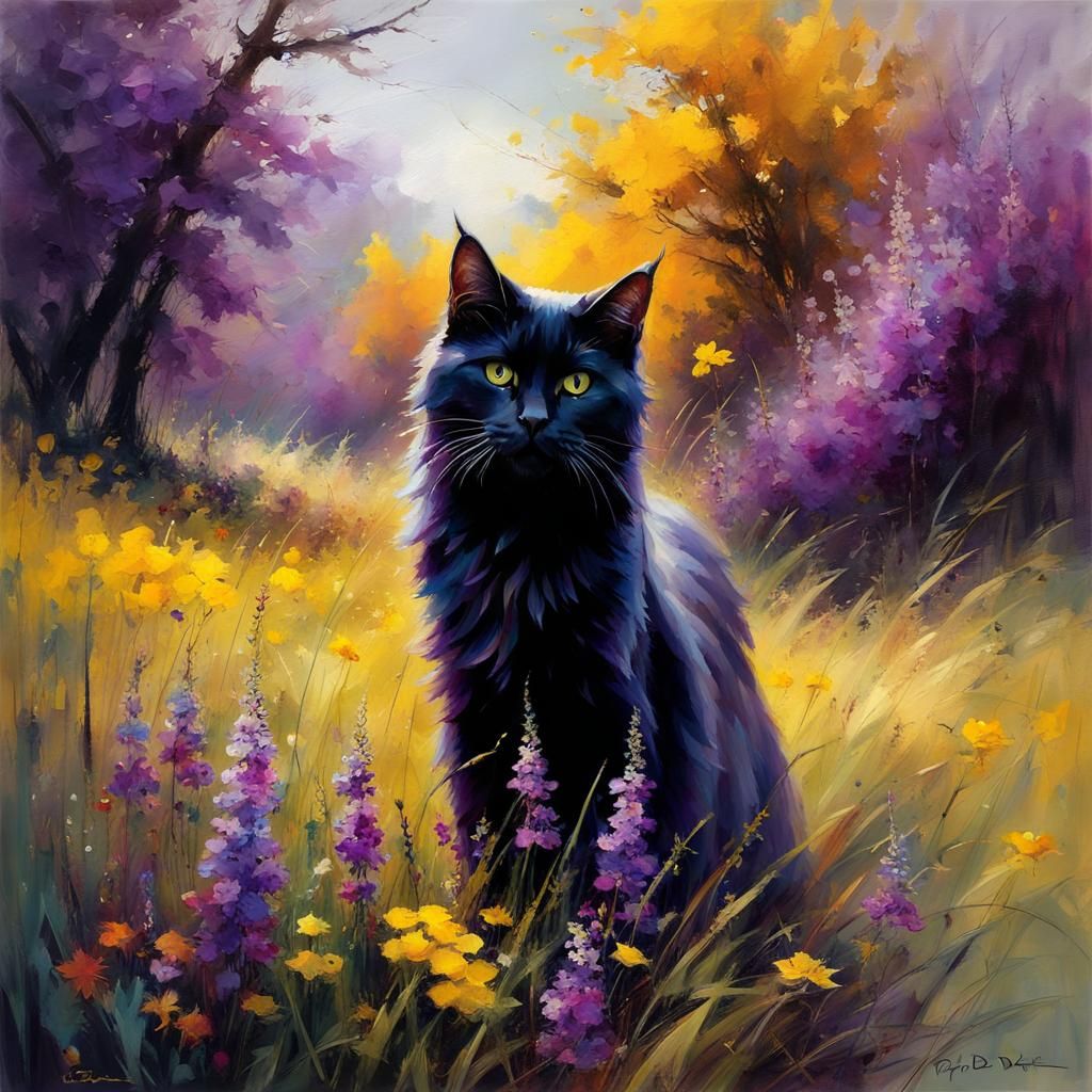 Autumn Meadow with Black Cat in Matte Painting Style