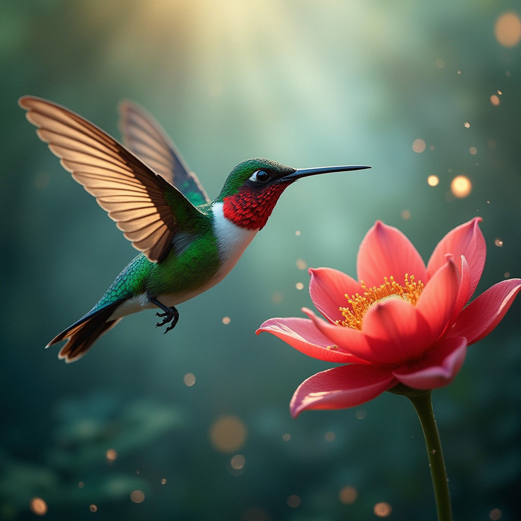 Hummingbird in Mystical Morning Mist: A Digital Painting