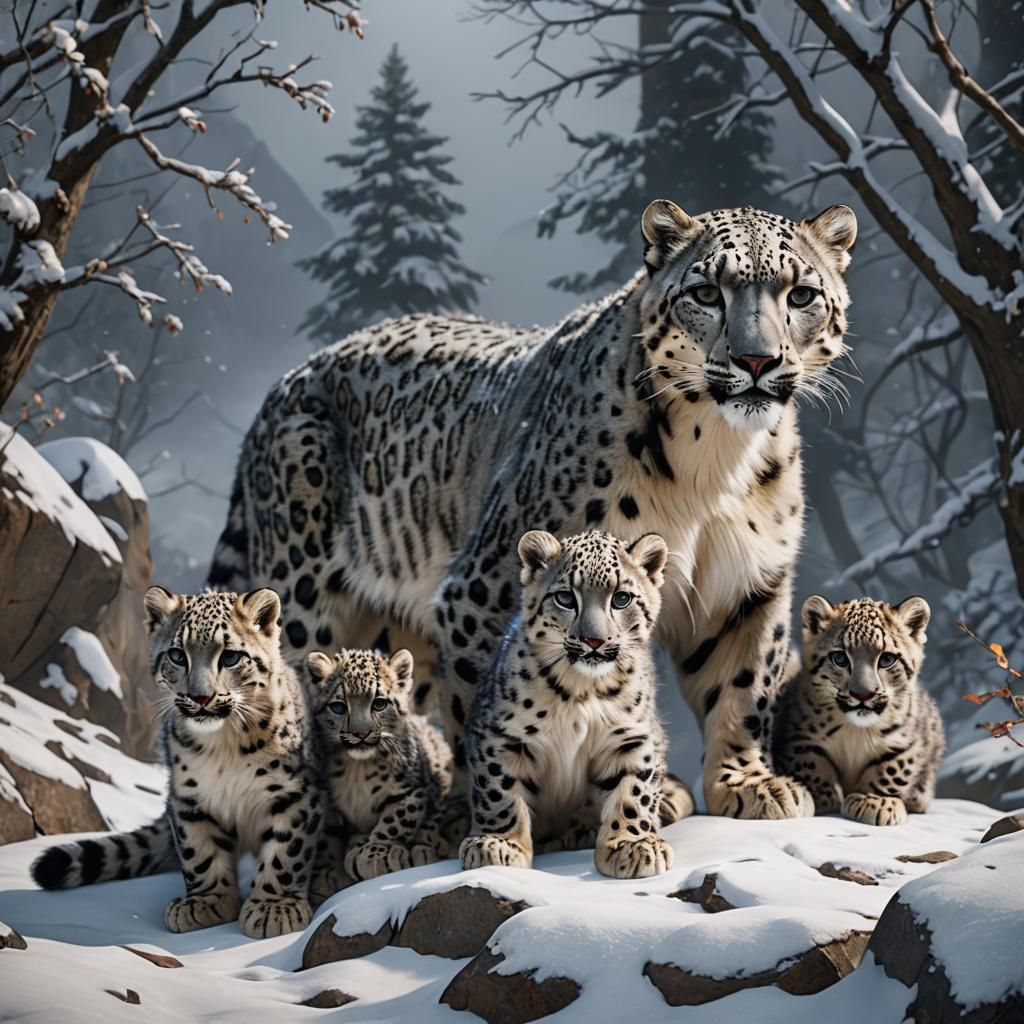 Snow Leopard Family: Detailed Matte Painting