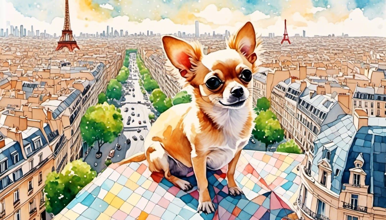 Chihuahua Flies Paper Plane Over Paris in Watercolor