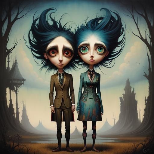 Pop Surrealist Painting of Two Figures with Big Eyes