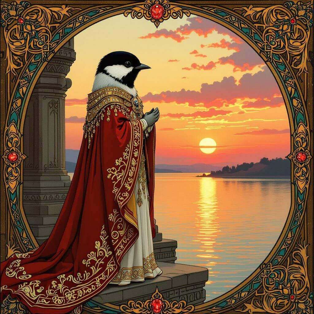 Chickadee King in Royal Robes at Sunset, Art Nouveau Style