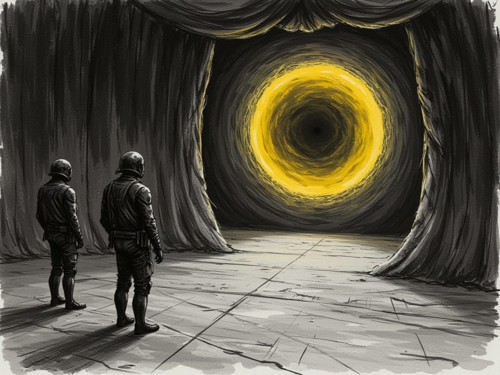 Ominous Theatre Stage with SCP Operatives and Yellow Portal