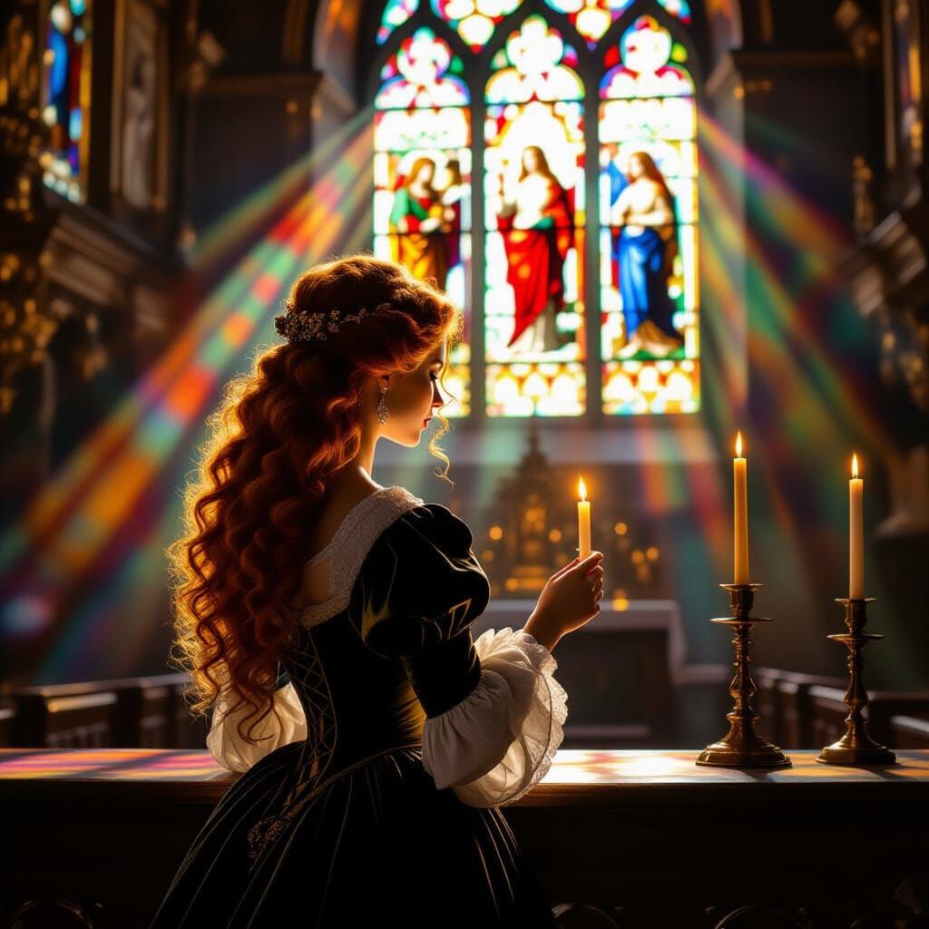 Woman Lighting Candle in Church, Baroque Painterly Style