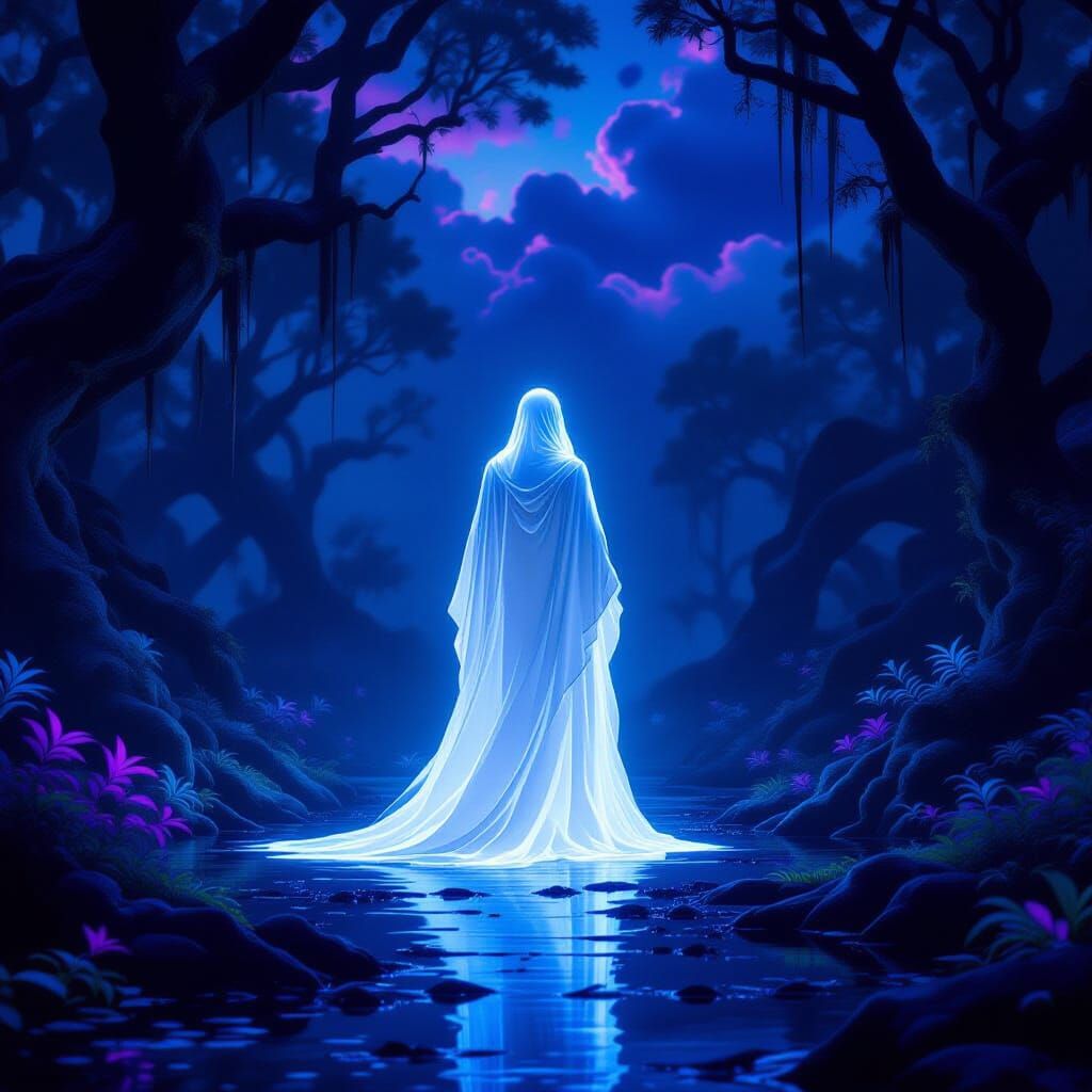 Ethereal Figure Radiates Light in Ancient Forest