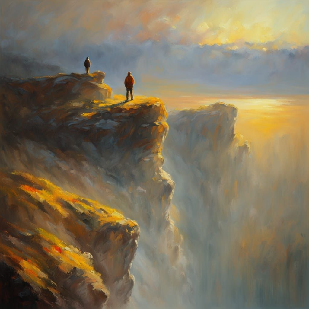 Impressionist Oil Painting of a Serene Cliffside Scene