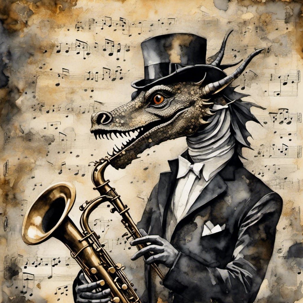 <lora:Chroma Scape:1.0> Surrealistic jazz scene. Close-up sh...