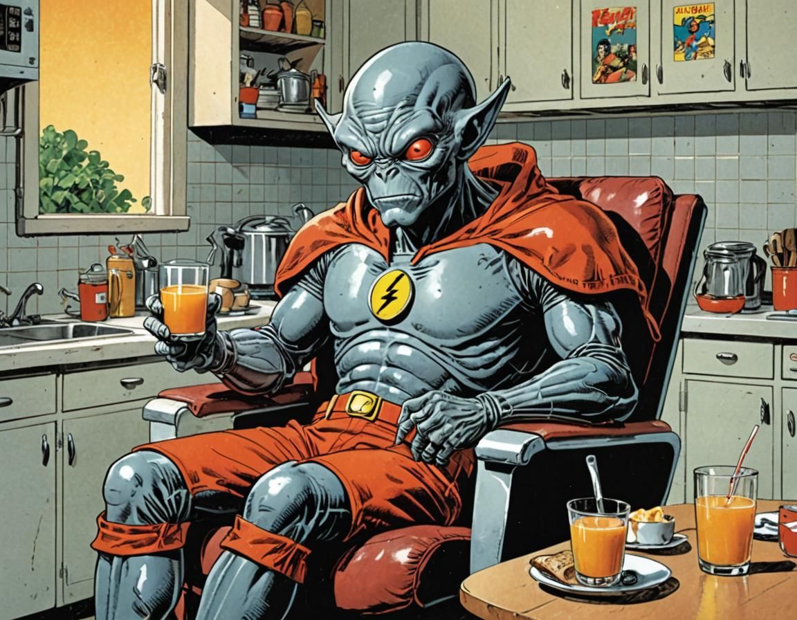 A bulbous-headed gray alien wearing a Flash t-shirt and a. Pair of red shorts, sitting in a recliner in a human kitchen ...