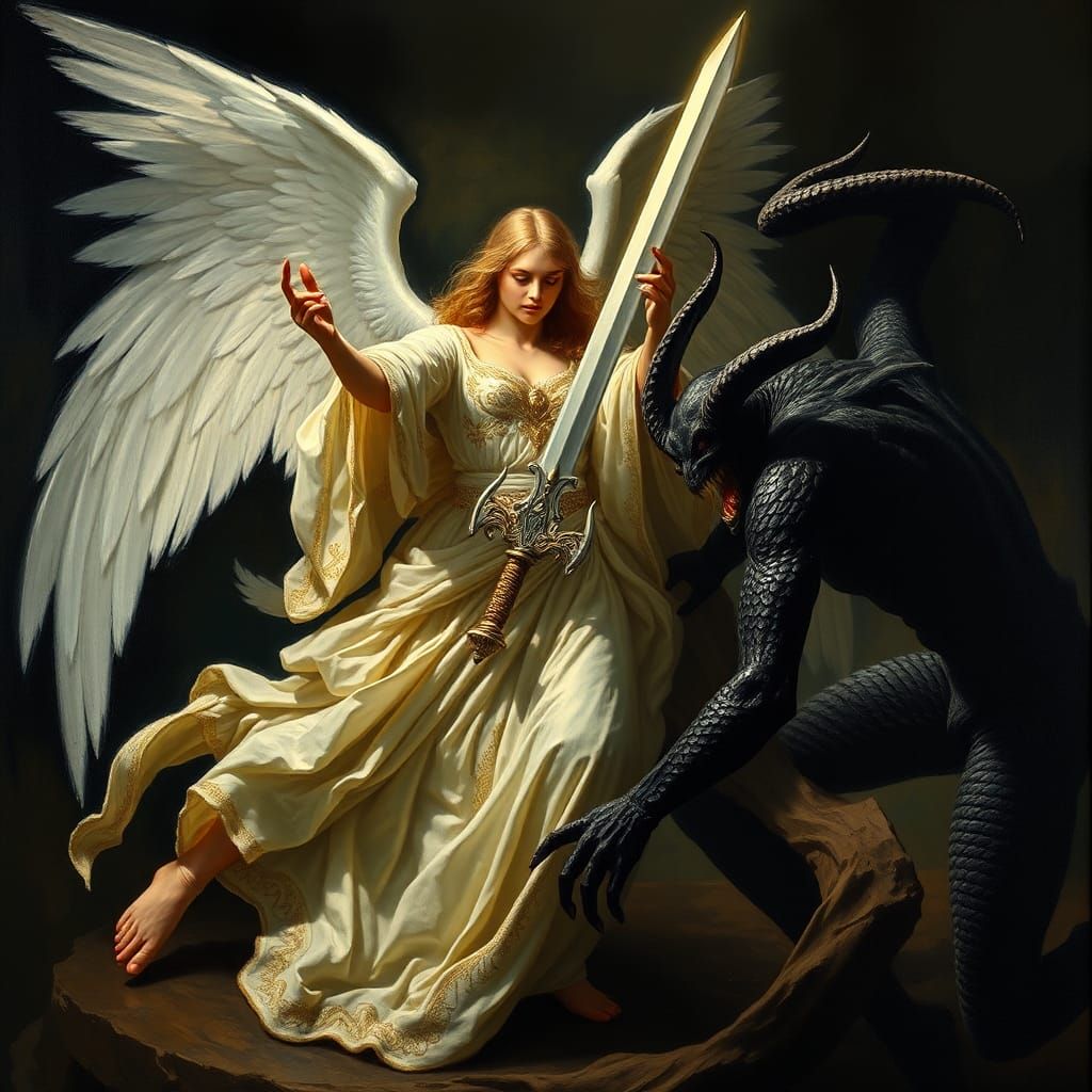 Angel Battles Demon in Chiaroscuro Symbolist Style