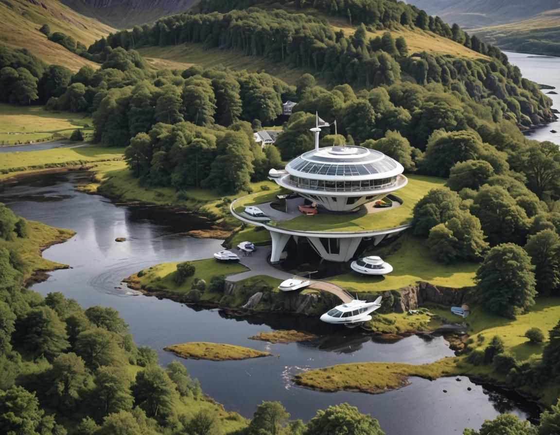 beautiful Scottish highland surrounded by water with a magnificent elevated Jetsons atomic space age hotel, sailboat, ca...