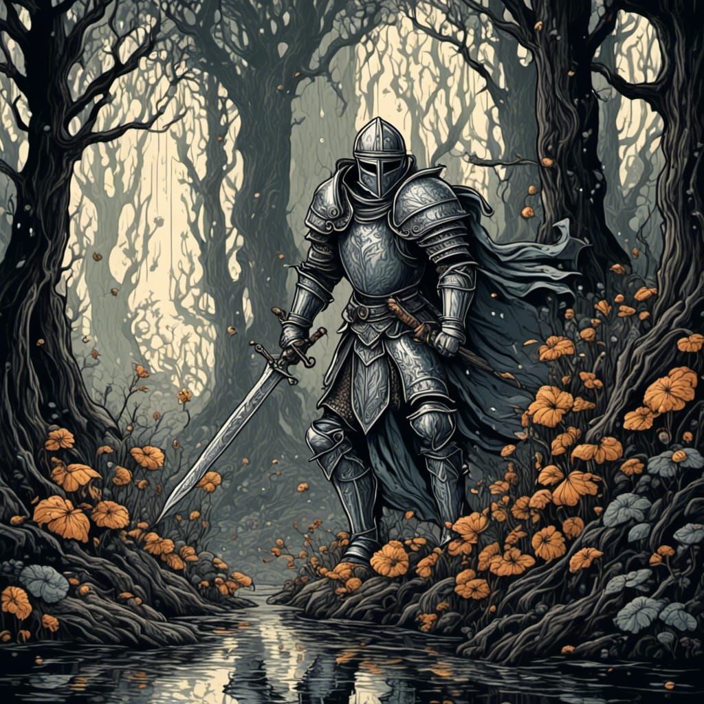 Angelic Knight in Rainy Forest Ink Drawing