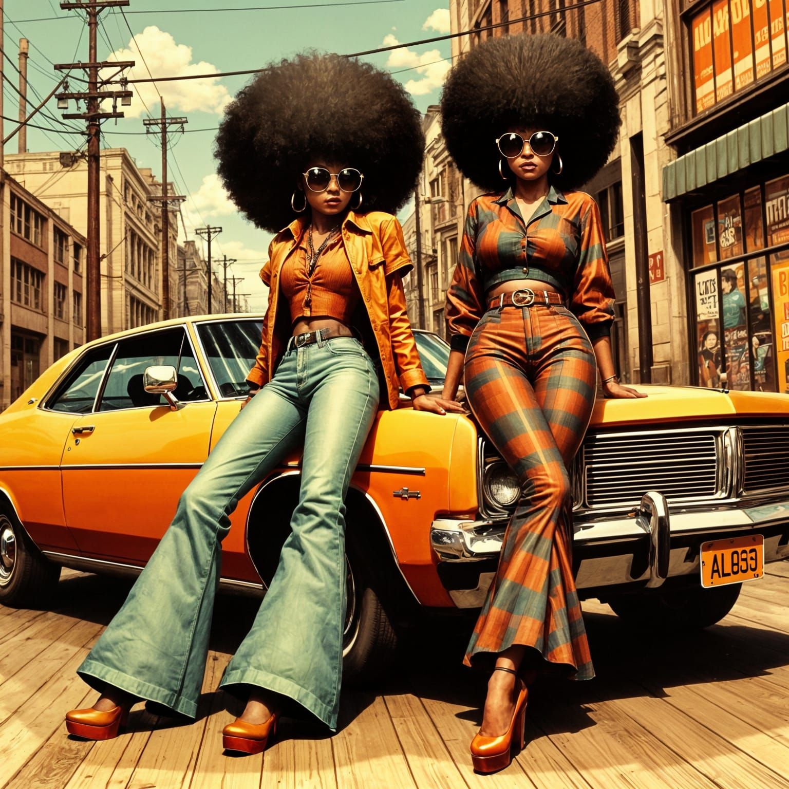 <lora:AFRO BEAUTY:1.0> Create a vibrant 1970s-inspired scene set on a busy city street or sunny boulevard. A man and a w...