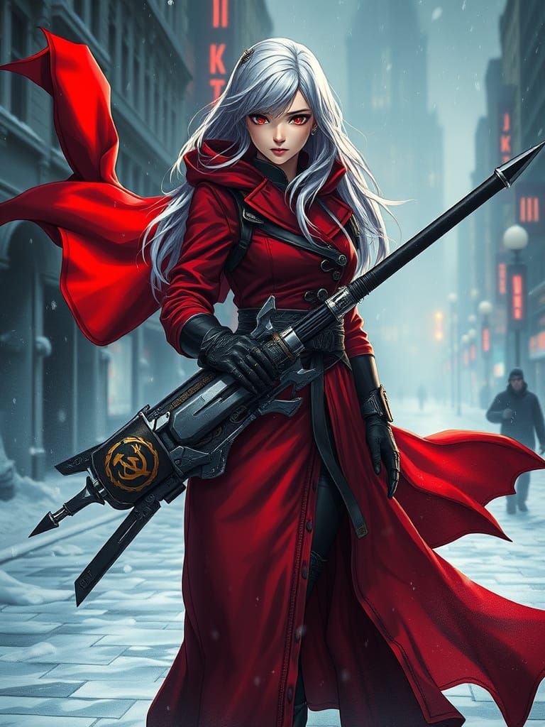 Cyberpunk Warrior in Crimson Coat