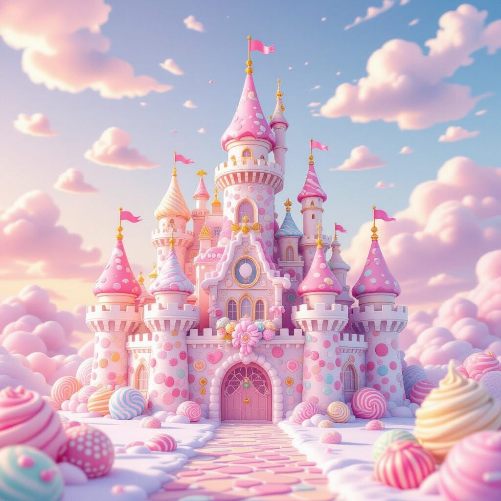 Whimsical Candy Castle in Pastel Watercolor Style