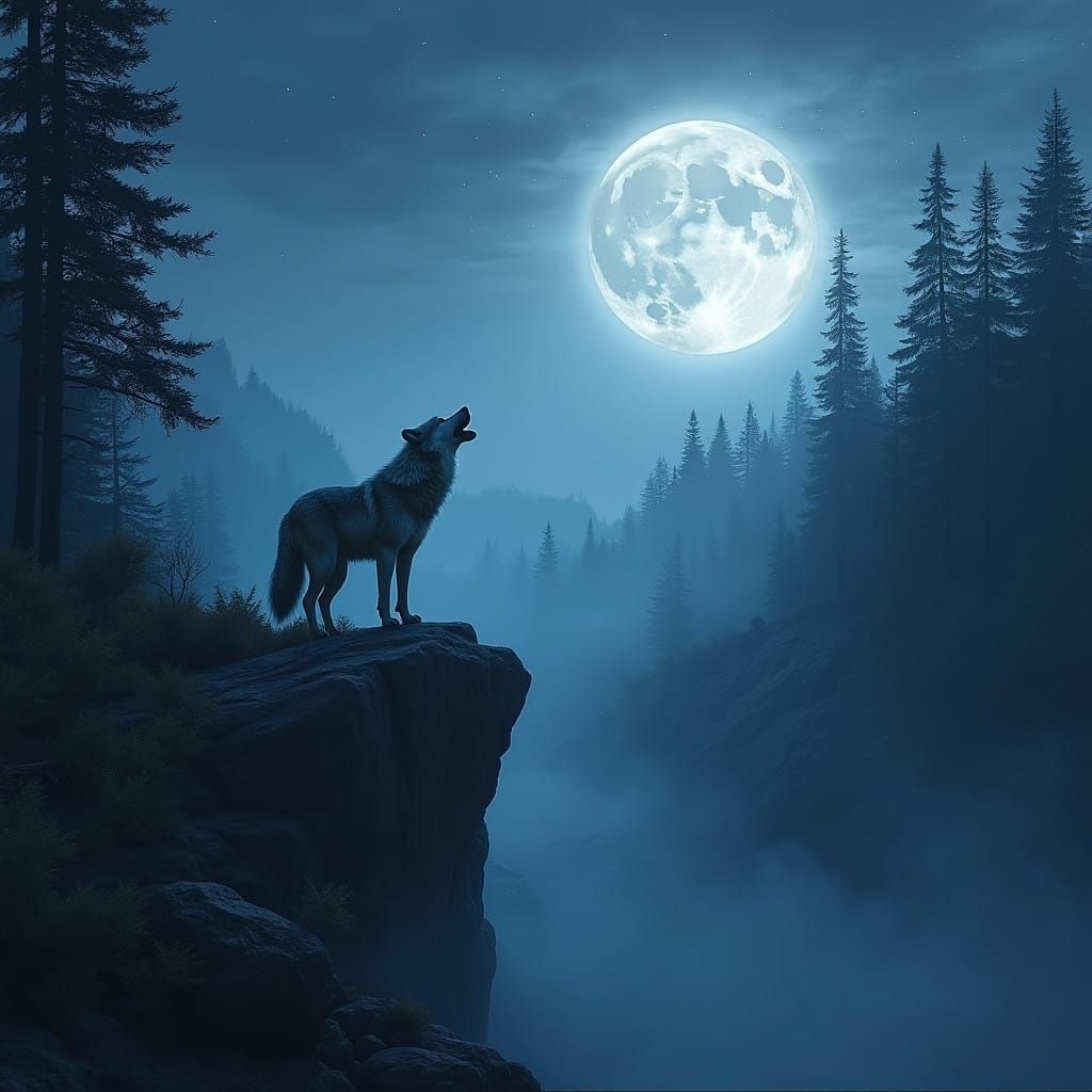 Moonlit Wilderness Scene: Lone Wolf on Rocky Cliff