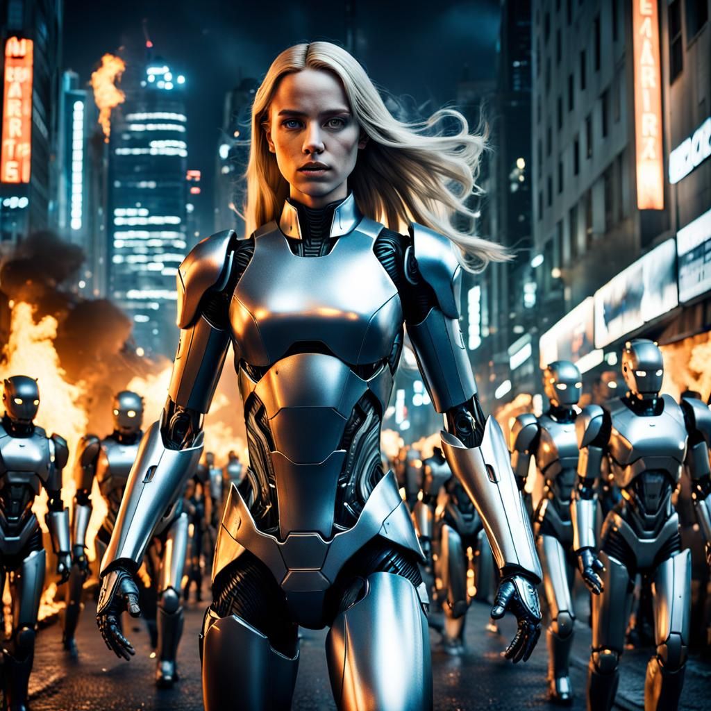 Android Heroine in Burning City: Hyperrealistic Digital Art