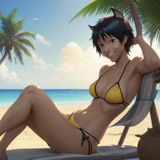 Tabaxi Woman Tanning: Studio Ghibli Anime Style