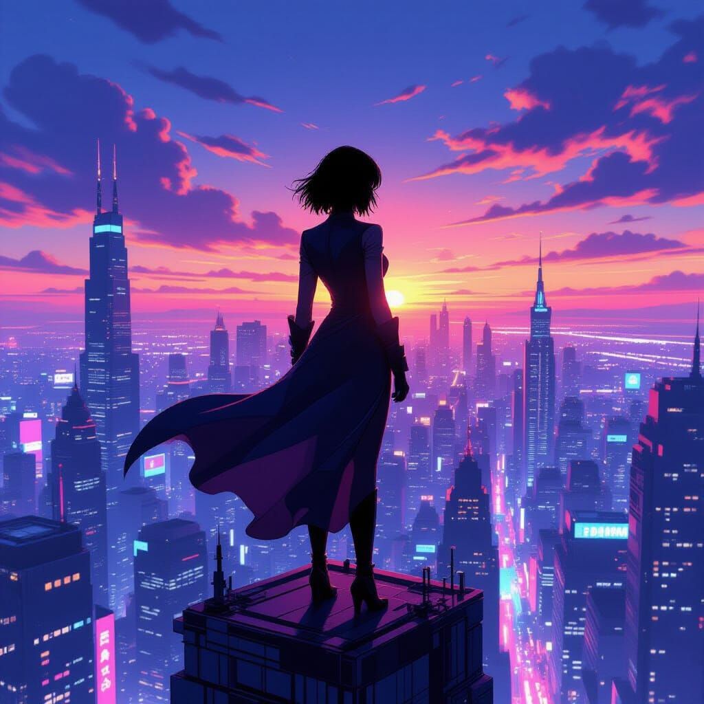Powerful Woman Overlooking Cyberpunk Metropolis at Dawn