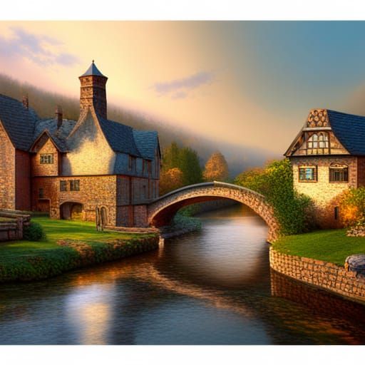 Charming 1800s English Village Stone Bridge Scene