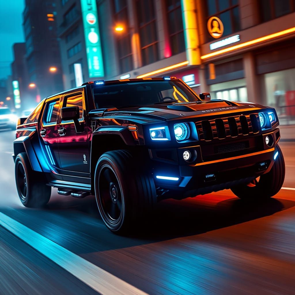 Hummer Supercar Speeds Through Neon City at Dusk