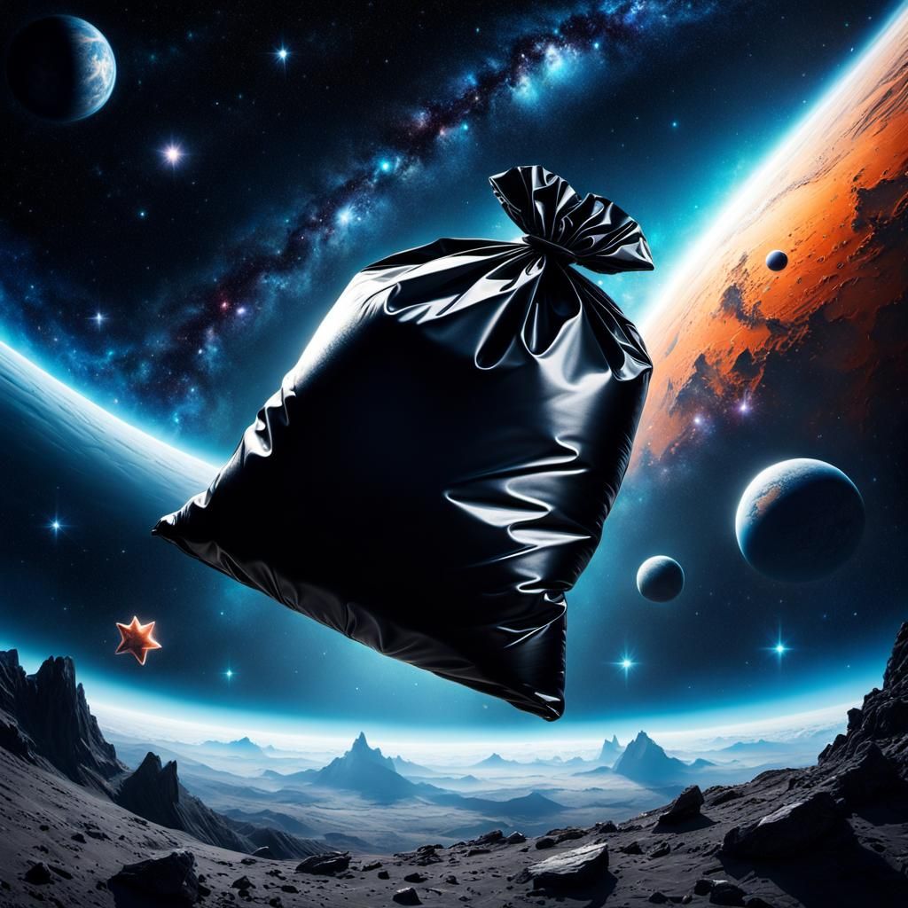Garbage Bag Drifting in Surreal Outer Space