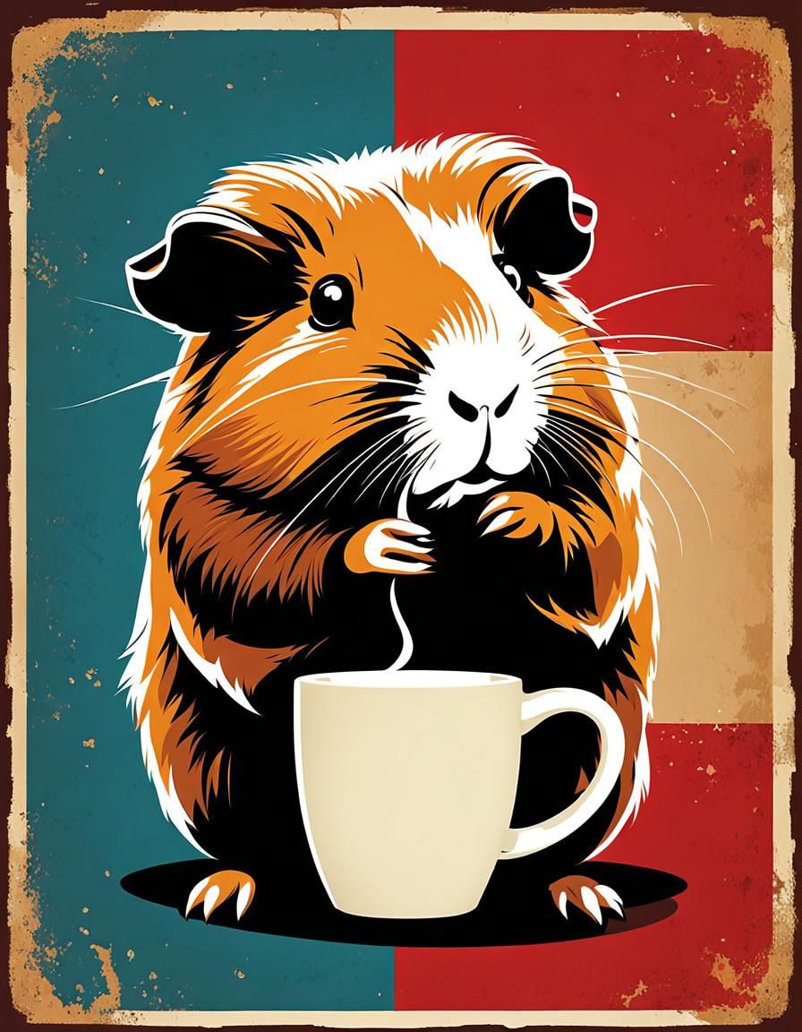 Guinea Pig Sipping Coffee in Retro Poster Art
