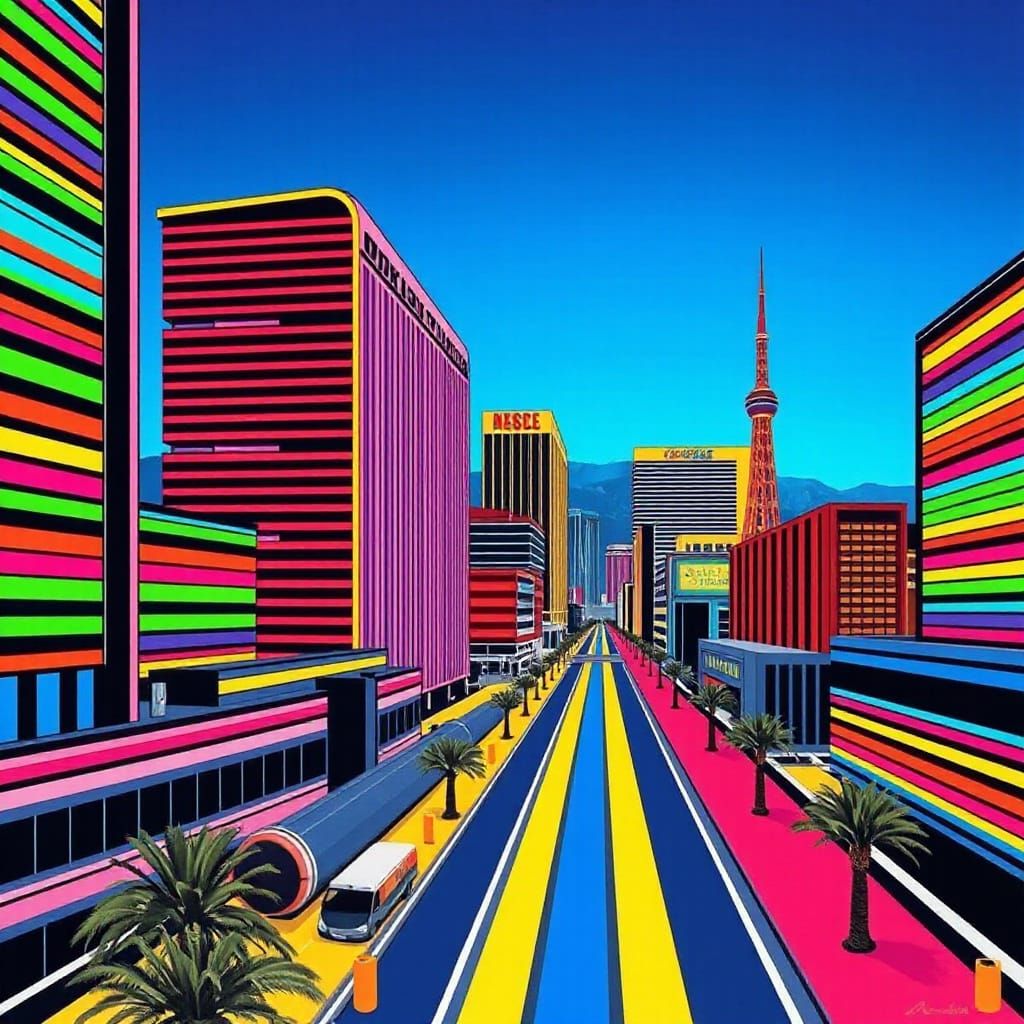 Neon Futuristic Cityscape with Striped Patterns and Bright C...