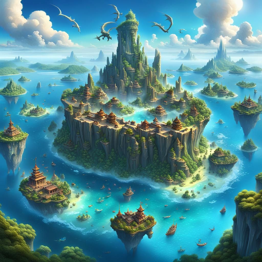 Fantasy Islands with Dragons in a Vast Ocean