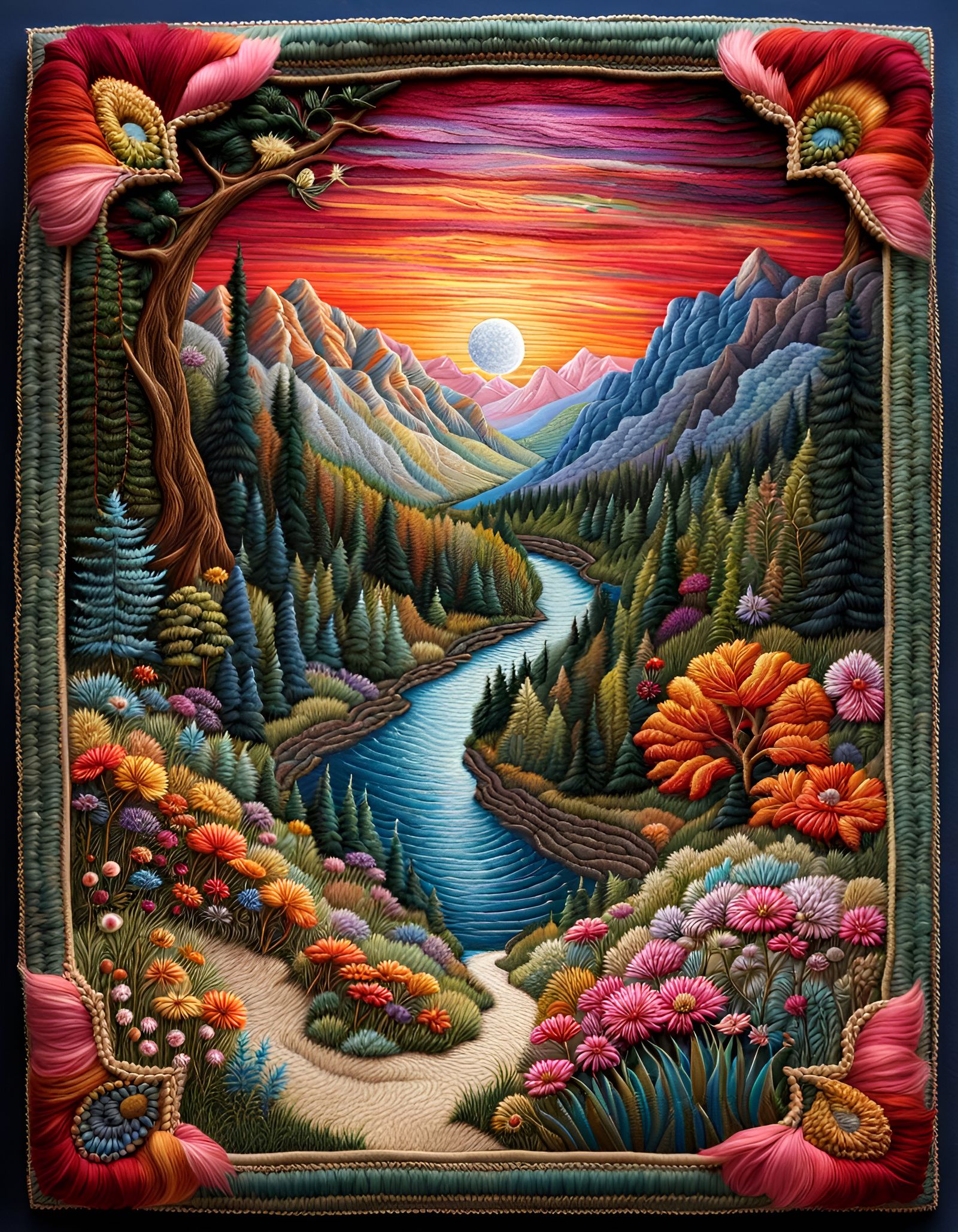 Magical Landscape Embroidery Art with Intricate Frame
