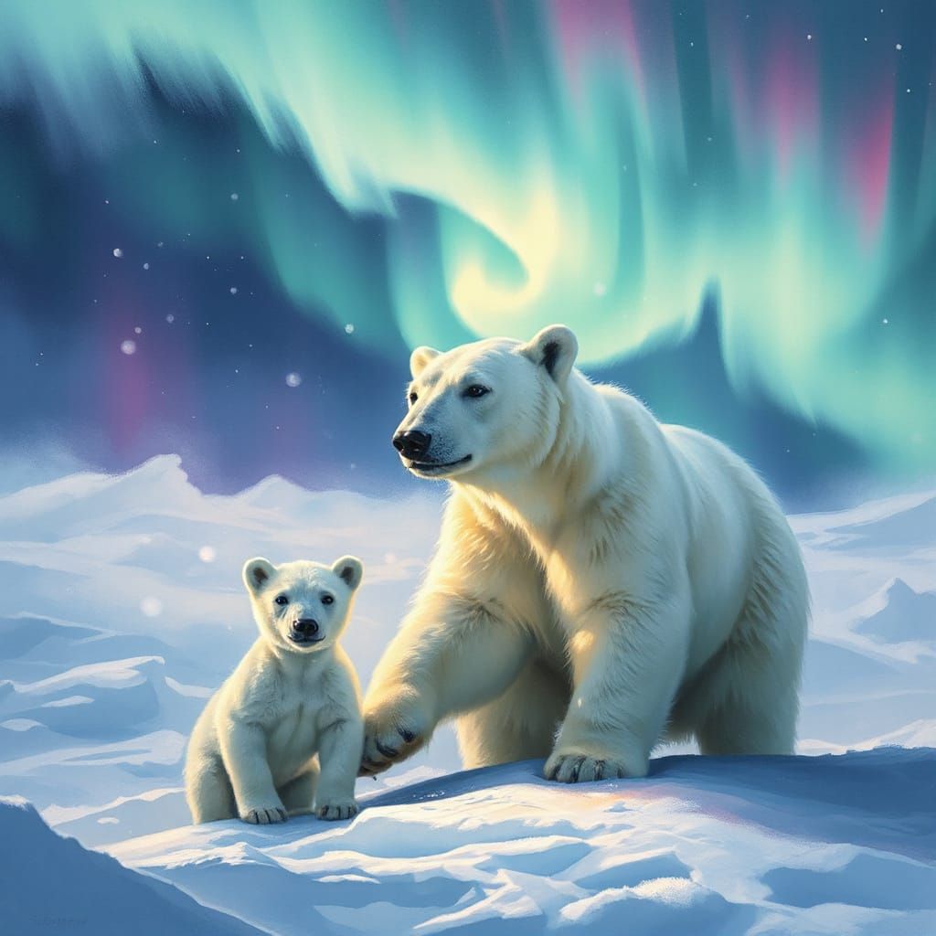 Polar Bears Under Emerald Aurora in Painterly Style