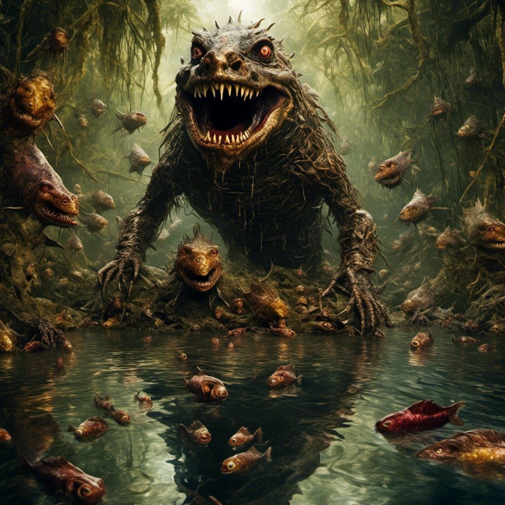 Piranha Monsters Boiling in Amazon River Portrait