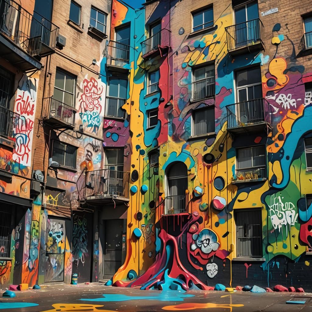 Colorful Cityscape Street Art with Melting Graffiti
