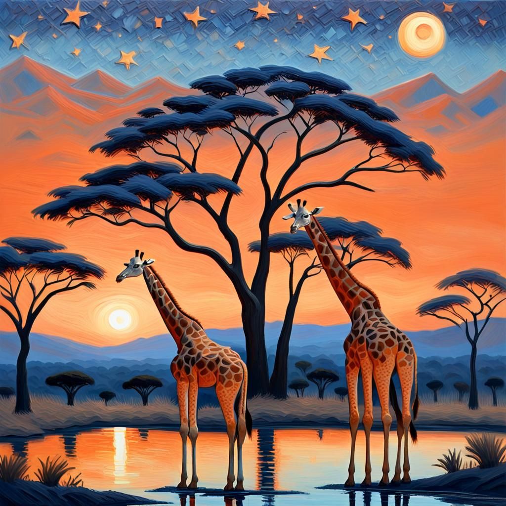 Serengeti Giraffes at Sunset in Impasto Style