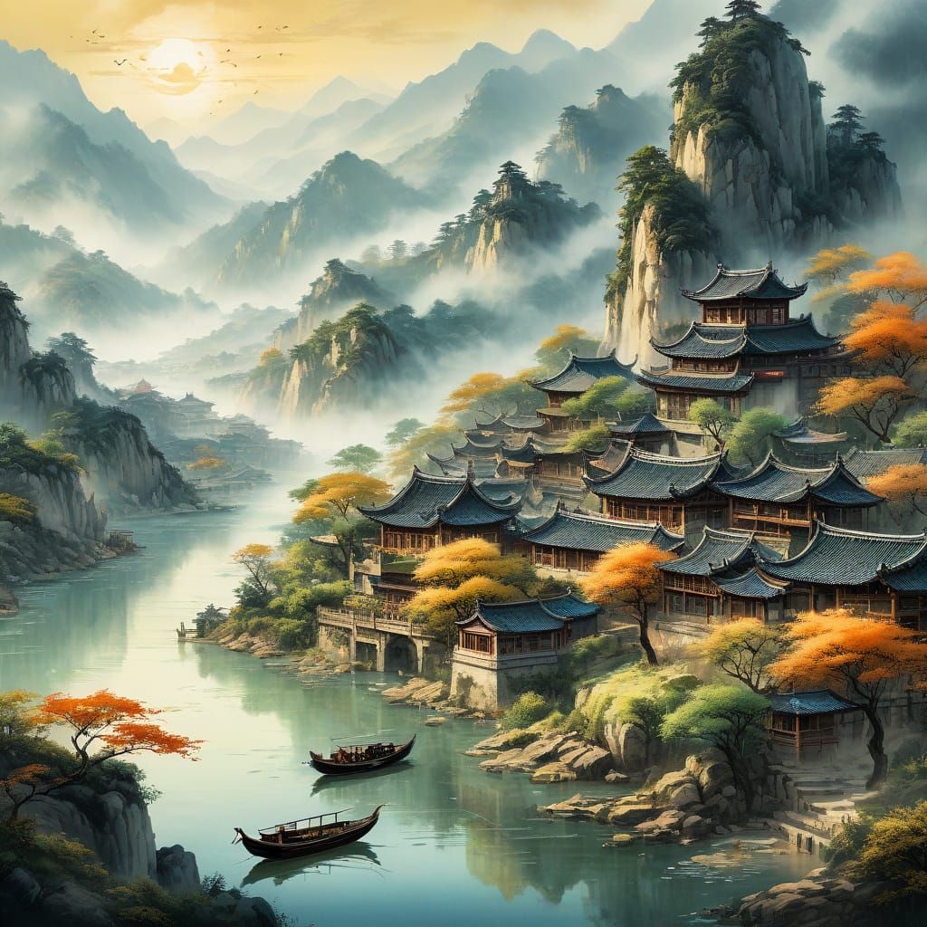 Serene Medieval Village Amidst Chinese-Inspired Landscape