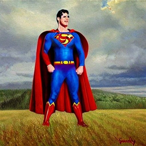 Superman Singing in Rainy Field: Oil Painting