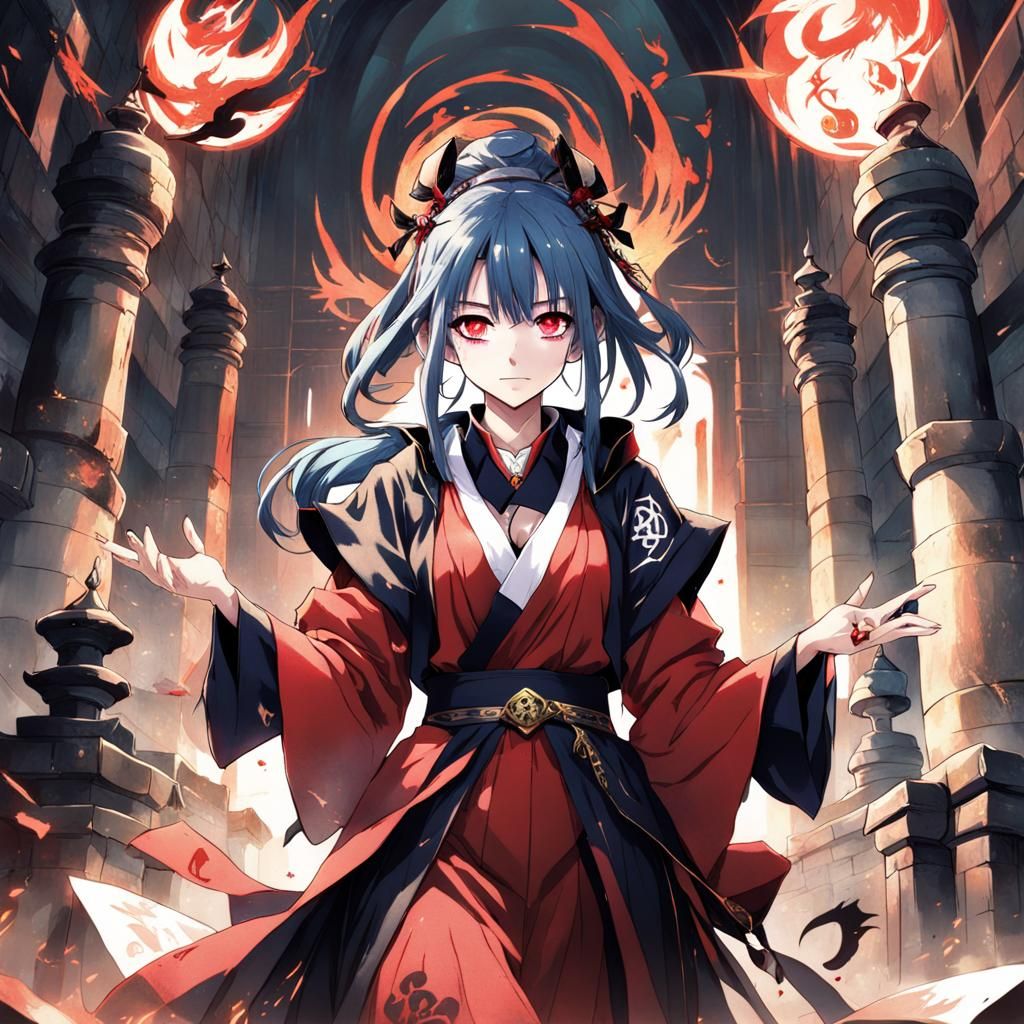 Anime Magic Caster Girl in Japanese Castle
