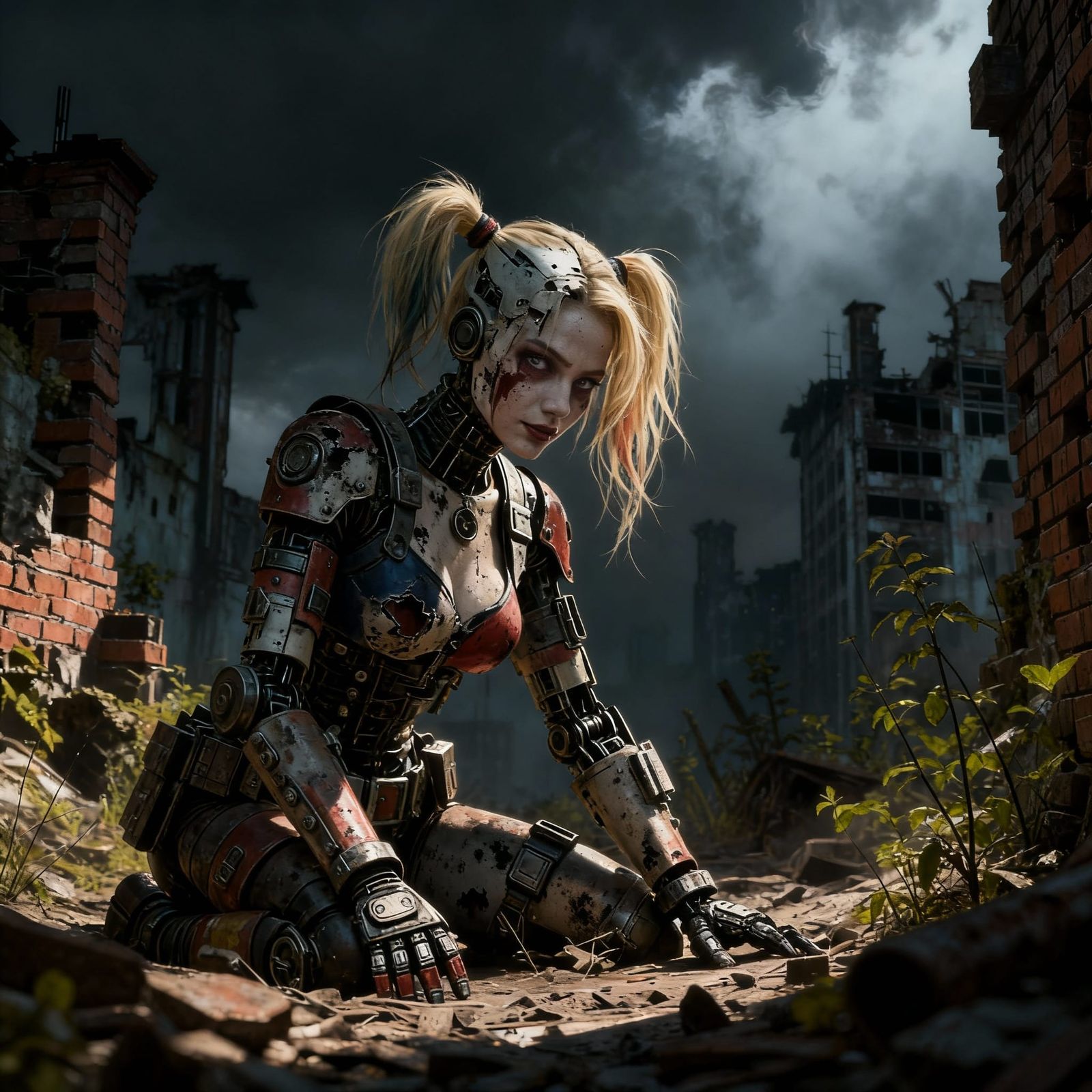 Damaged Automaton Explores Grimy Ruins Under Smoggy Sky