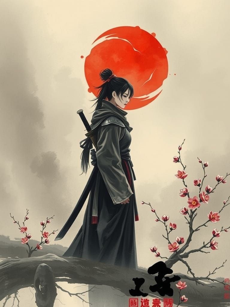 Lonely Swordswoman in Sumi-e Landscape
