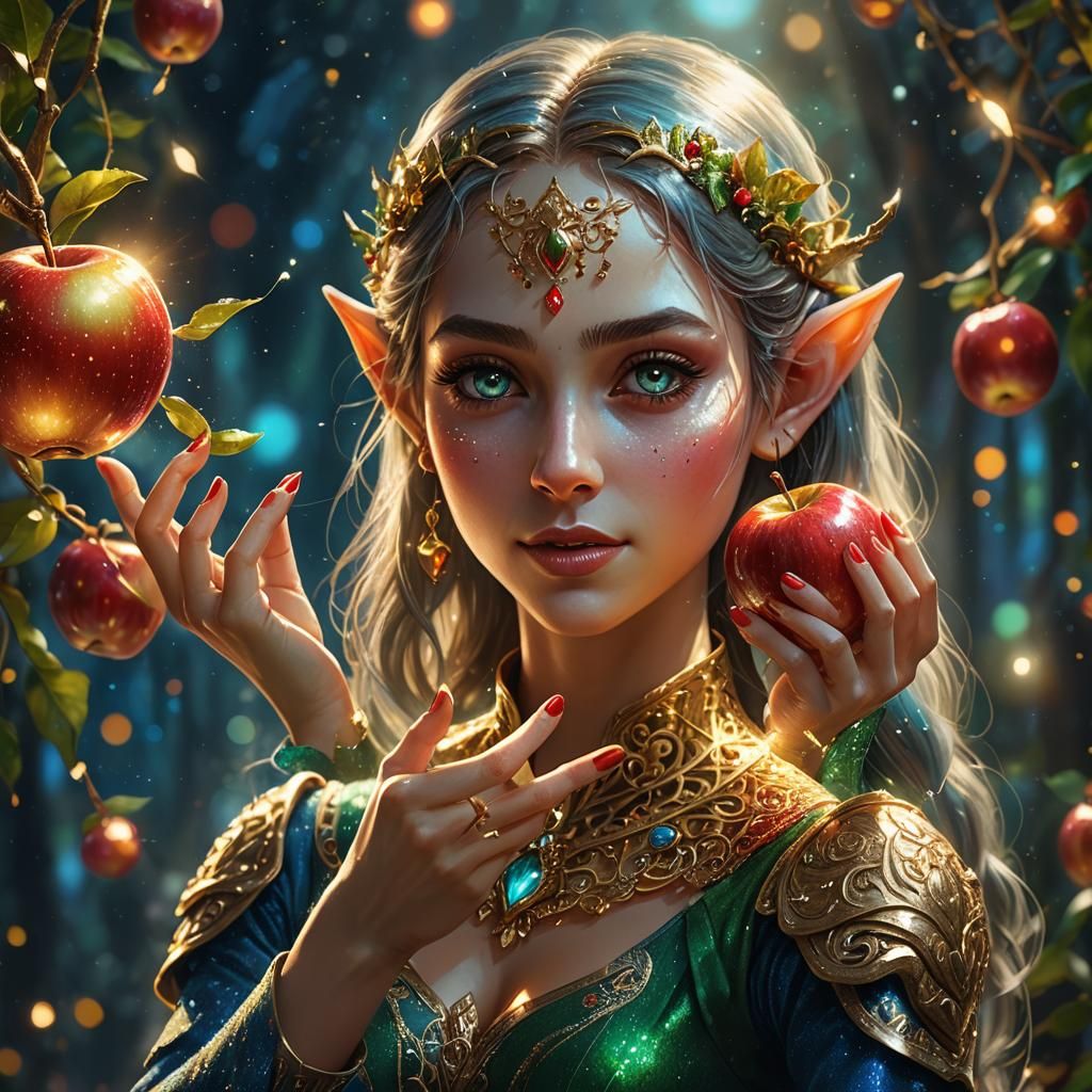 Fantasy Elf Touching a Shining Apple