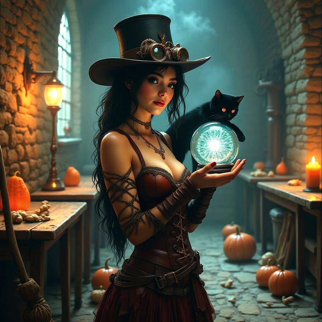 Steampunk Witch Holds Glowing Crystal Ball with Gears