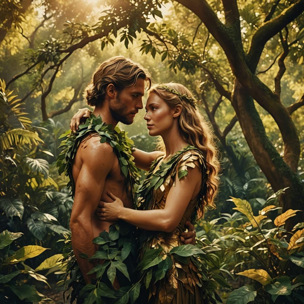 Adam and Eve Embrace in Eden Garden