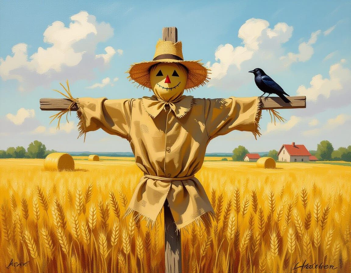 Impressionist Wheat Field with Scarecrow and Crow