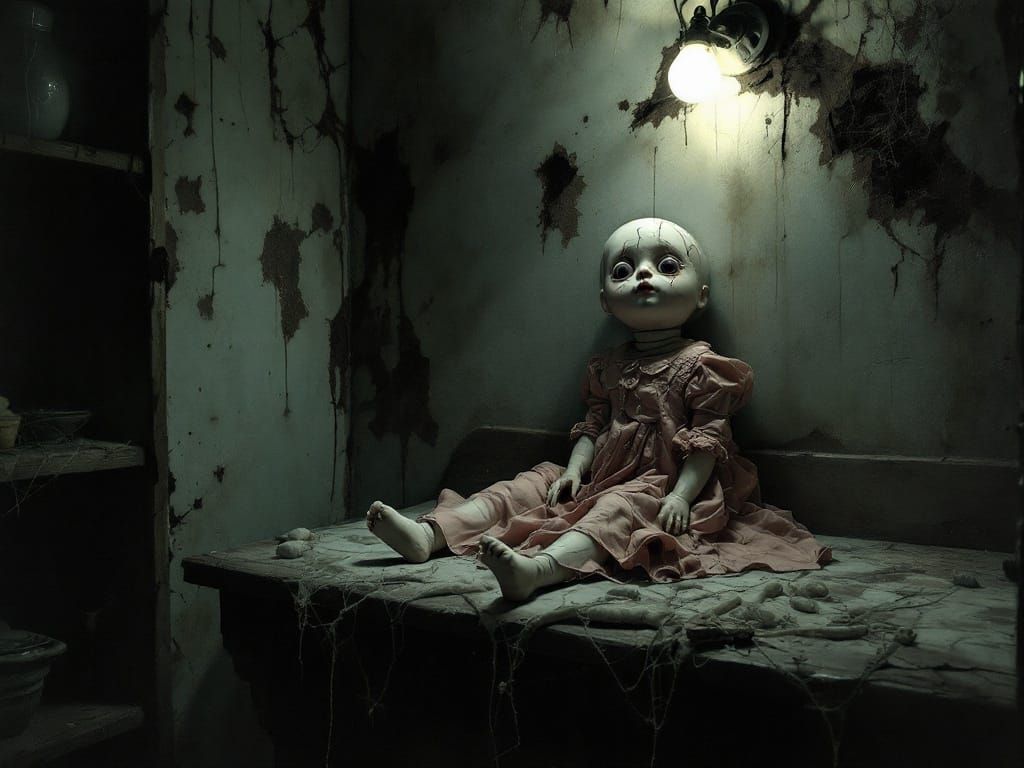Creepy Doll in Dimly Lit Child's Bedroom